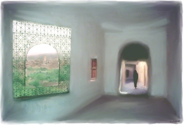 Composite digital watercolor of scenes in Morocco